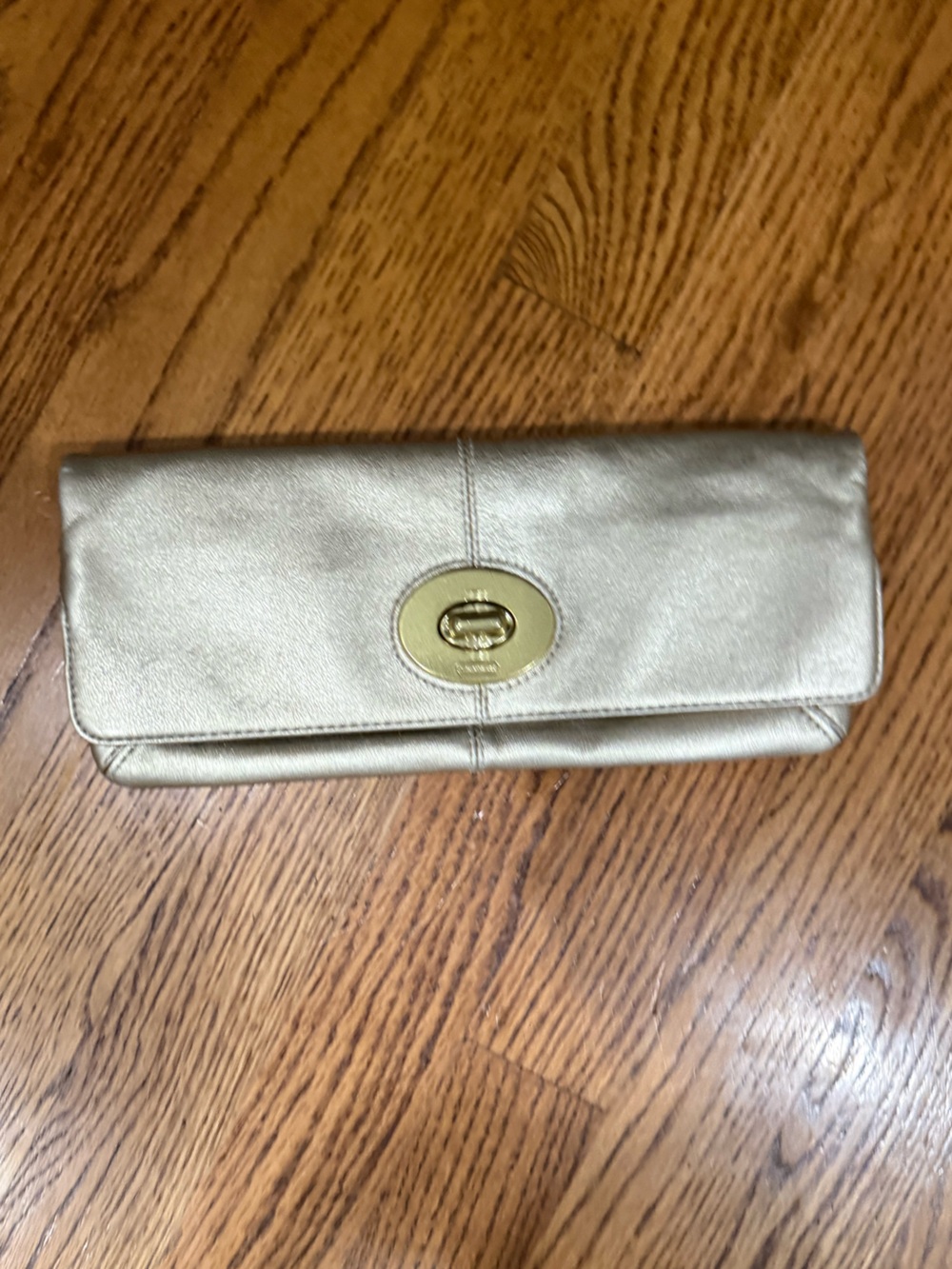 Coach Metallic Gold Leather Foldover Clutch Turnlock Wristlet